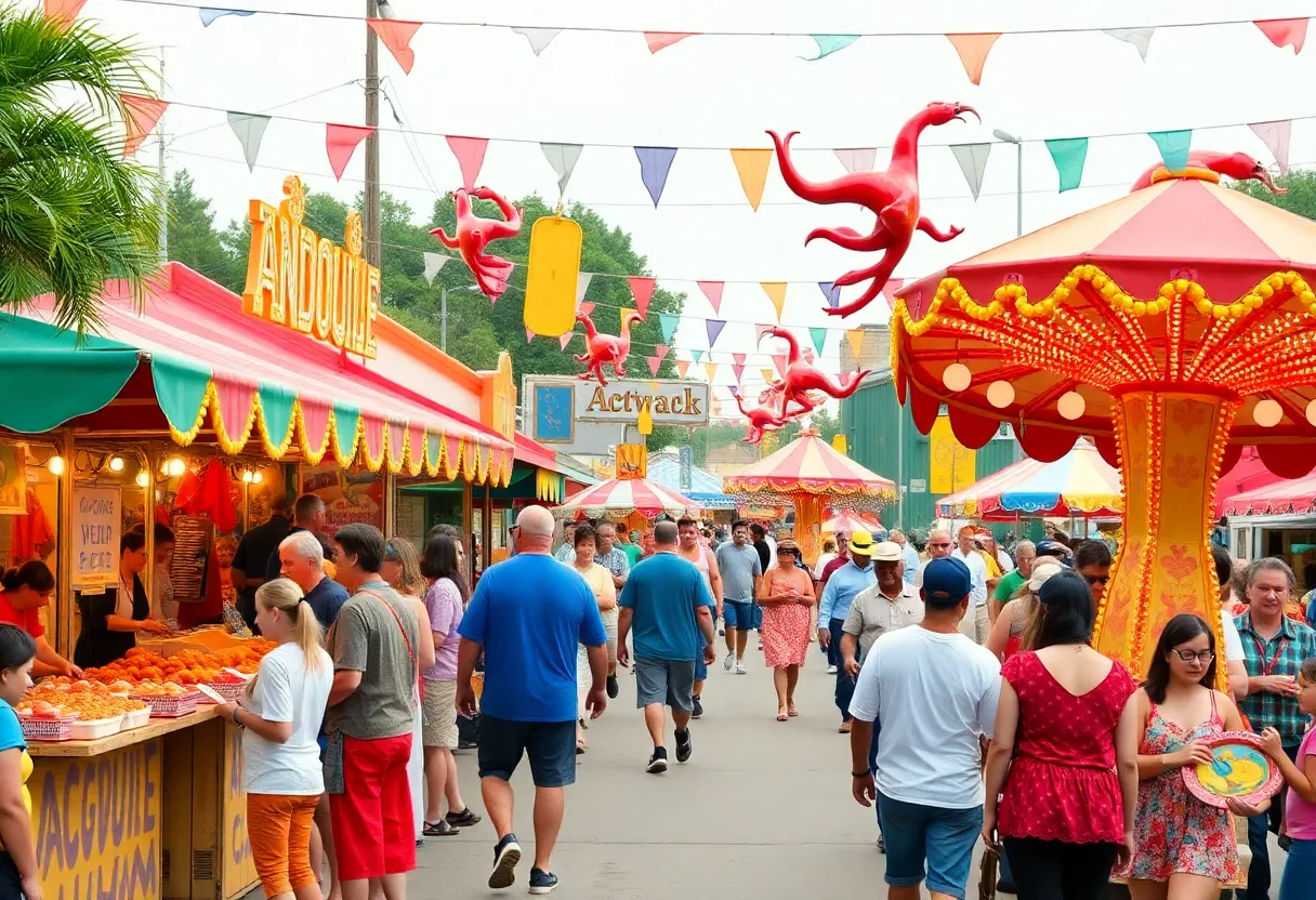 Families enjoying the Andouille Festival in LaPlace, Louisiana with colorful stalls and activities.