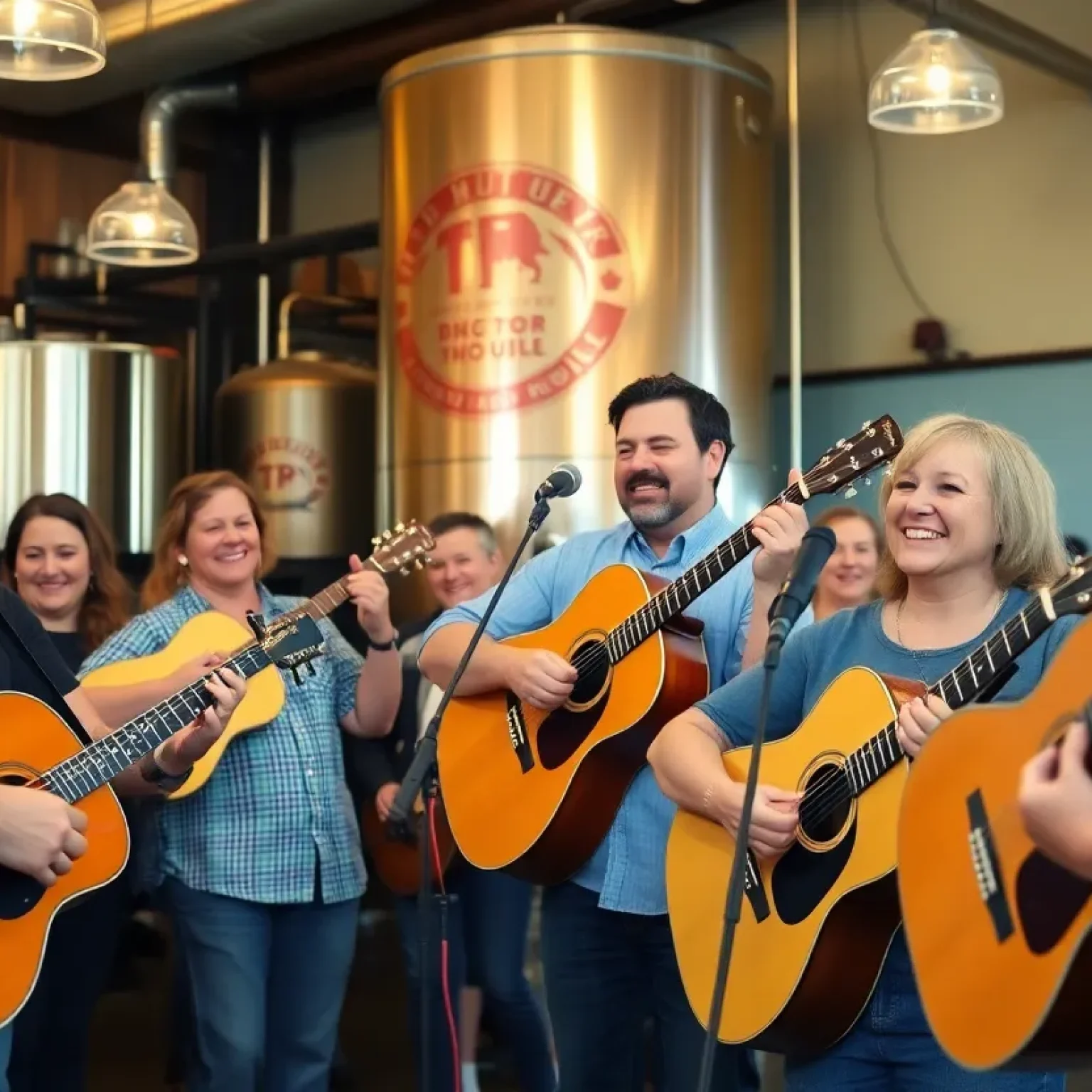 Musicians enjoying a bluegrass jam session at NOLA Brewing