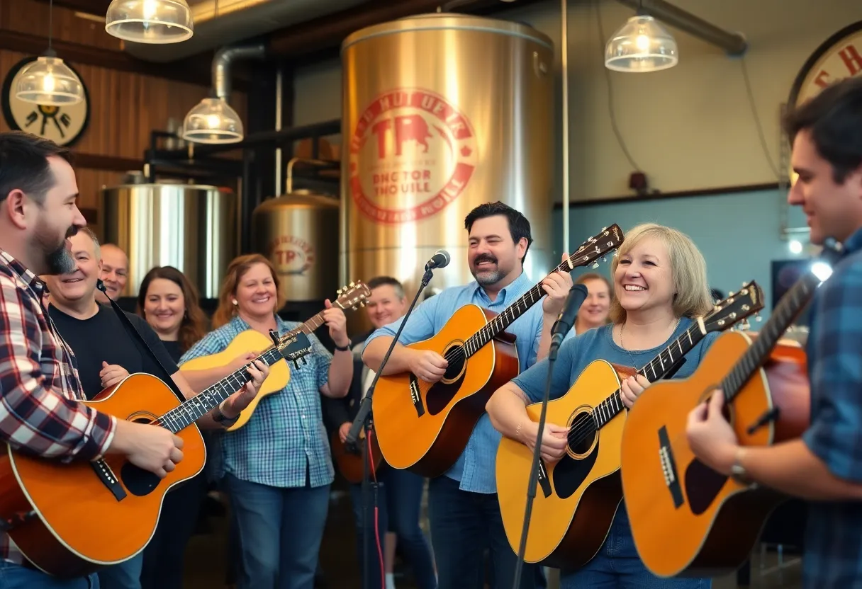 Musicians enjoying a bluegrass jam session at NOLA Brewing