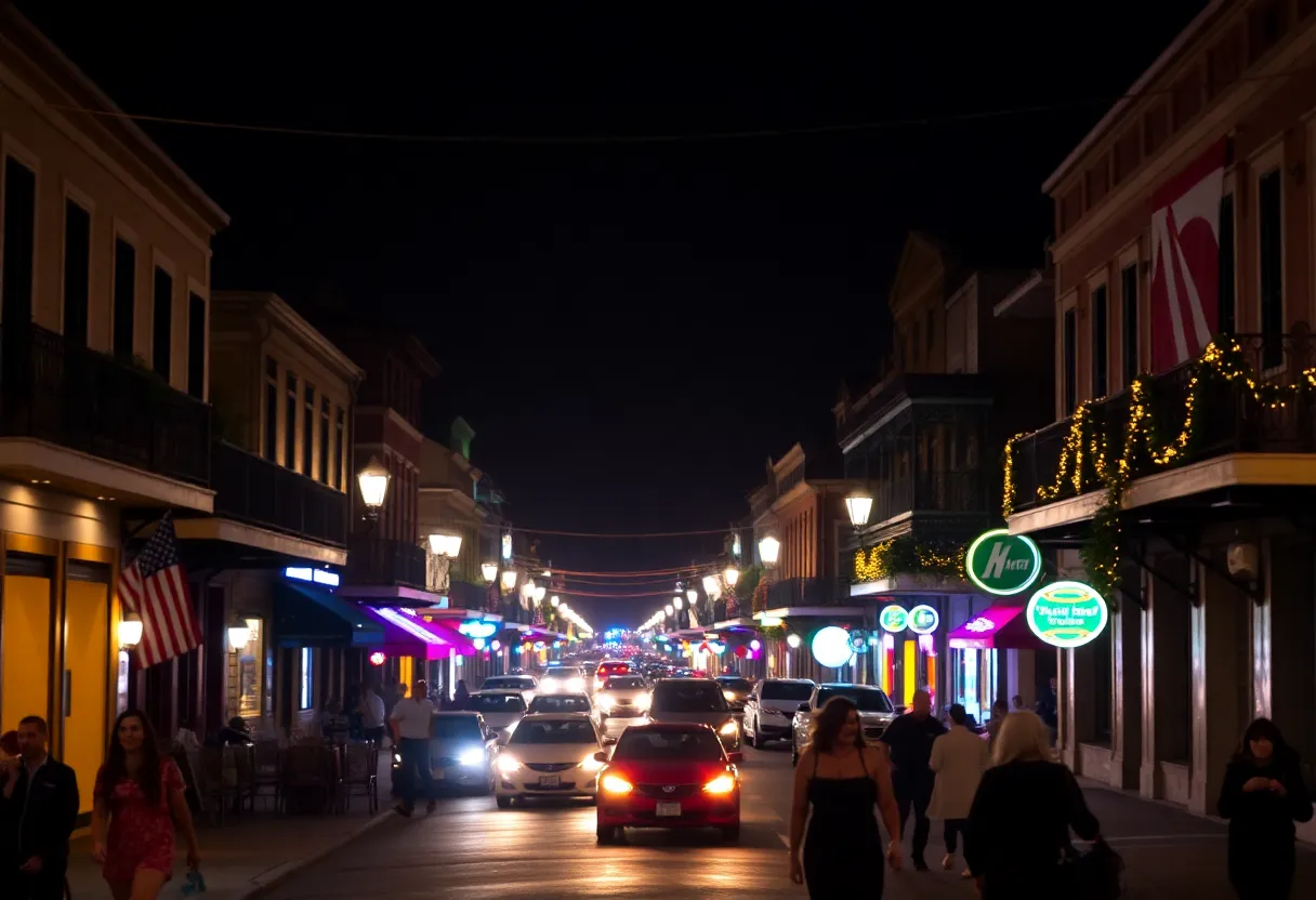 Night view of Bourbon Street in New Orleans with vibrant nightlife