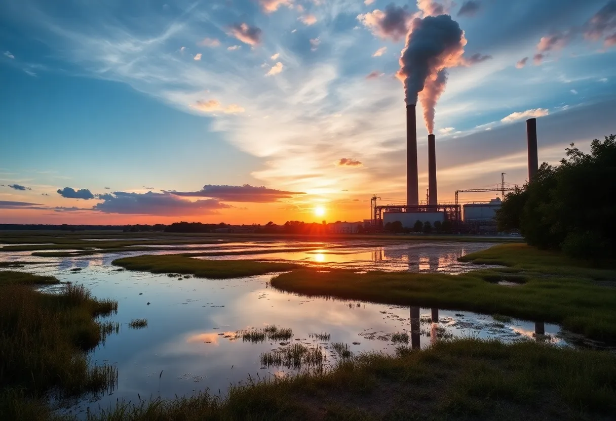 Carbon capture infrastructure against a Louisiana landscape