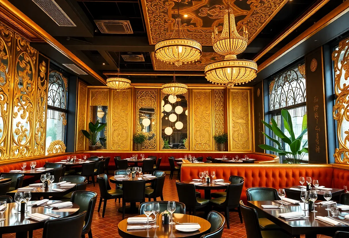 Interior of Chada, a Thai fusion restaurant in New Orleans with ornate decor.