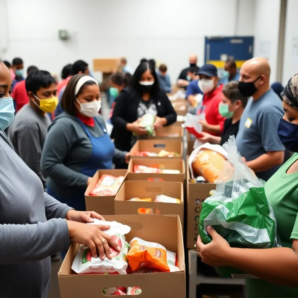 Volunteers at a Louisiana food bank handing out food packages to families