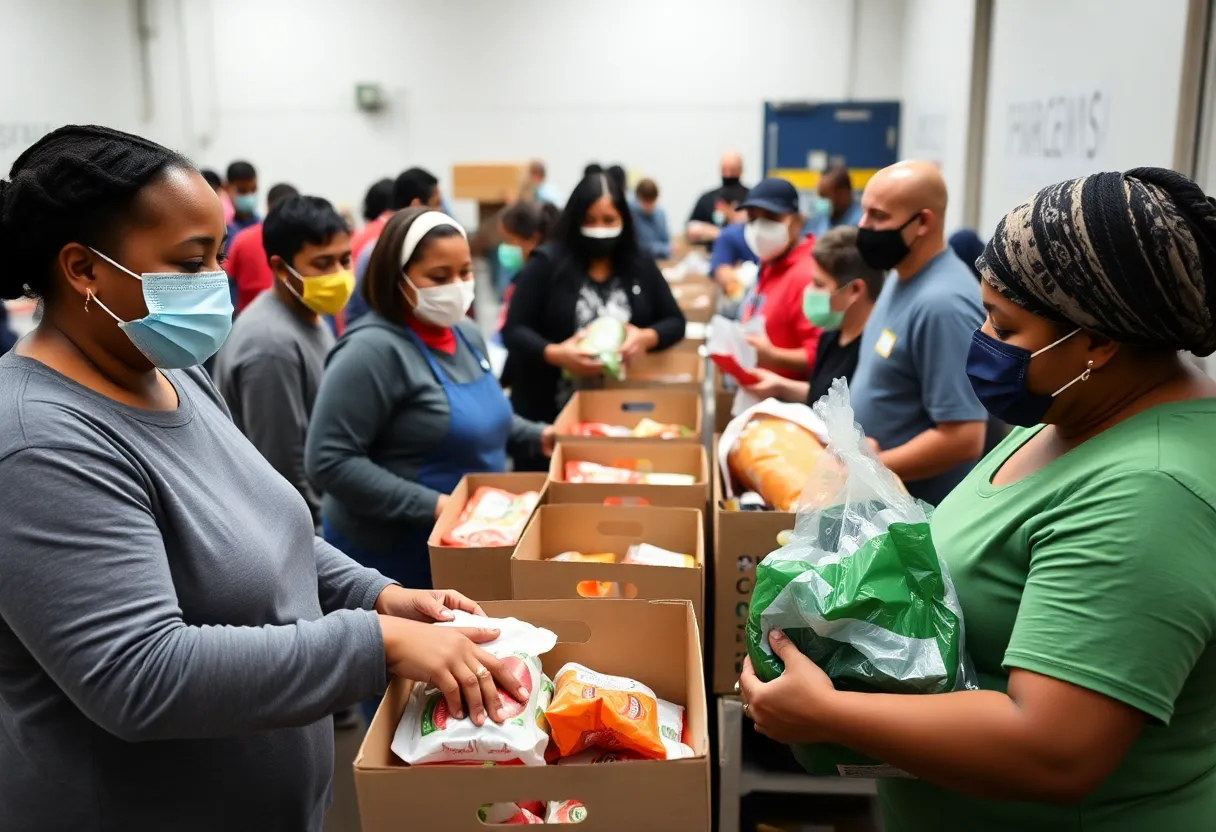 Volunteers at a Louisiana food bank handing out food packages to families
