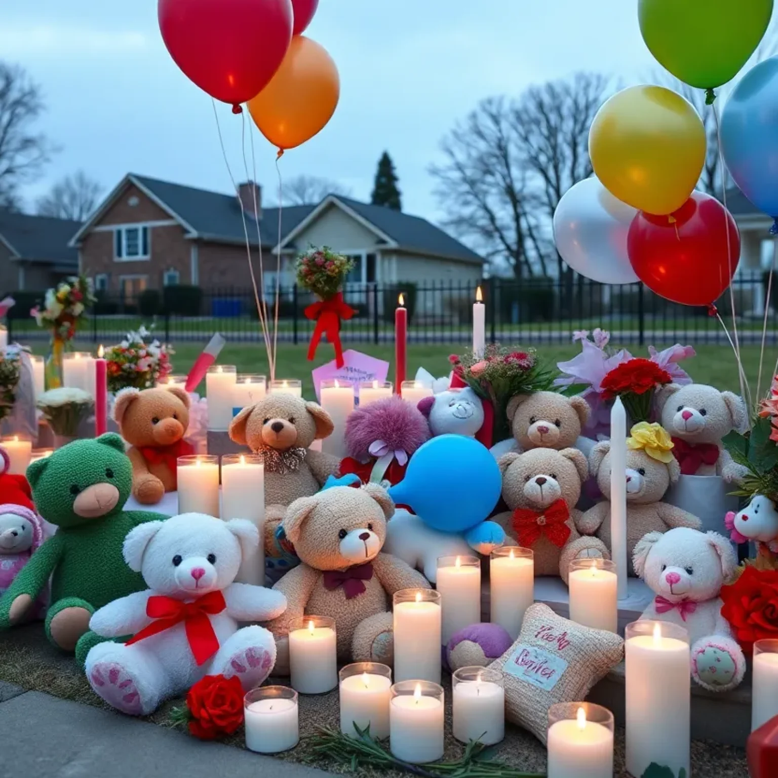 Makeshift memorial with stuffed animals and candles in New Orleans