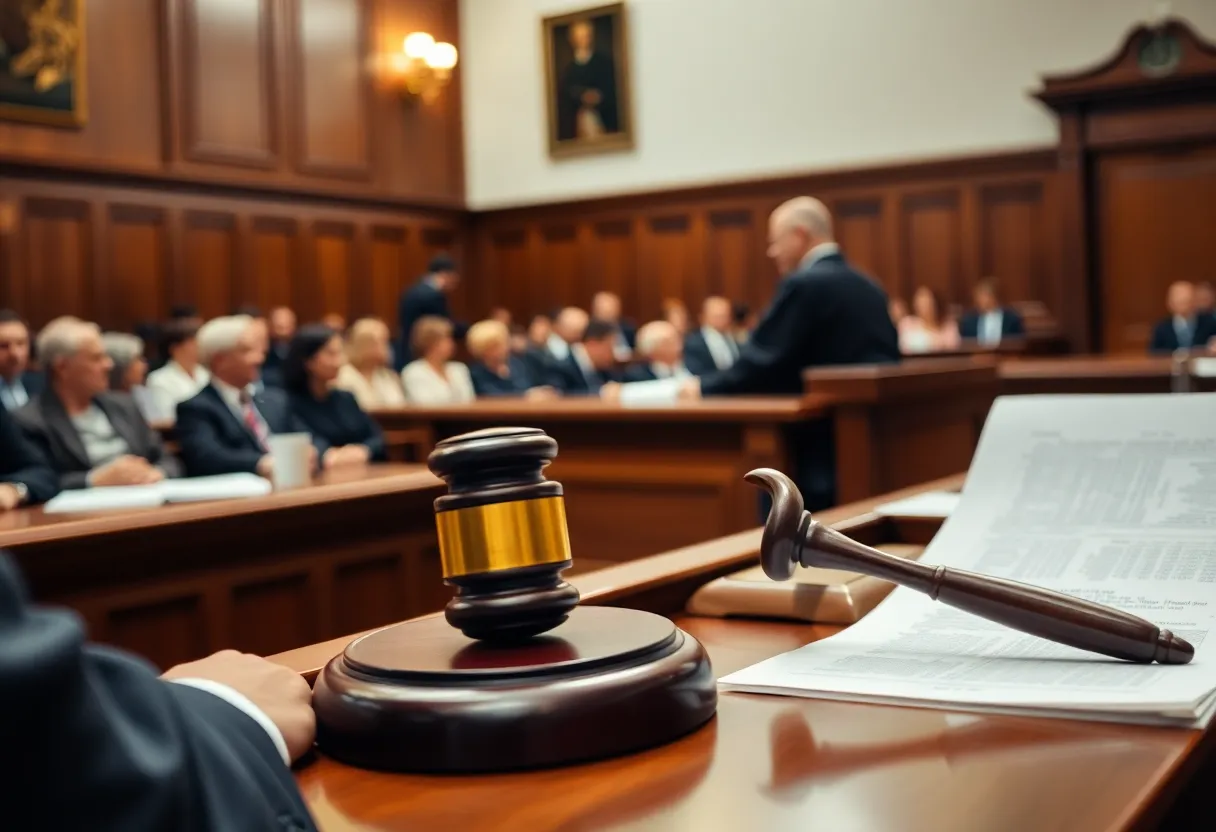 Courtroom scene depicting a legal case related to document forgery