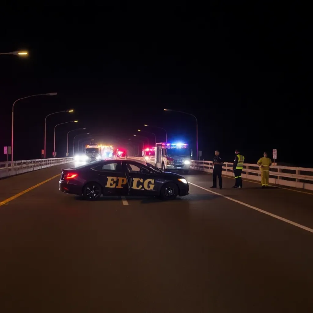 Emergency responders at a road accident scene at the Crescent City Connection bridge