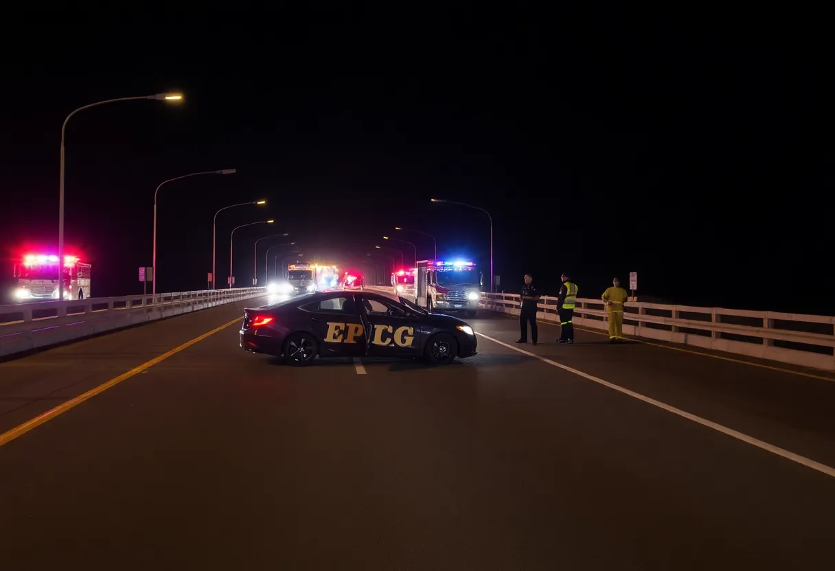 Emergency responders at a road accident scene at the Crescent City Connection bridge