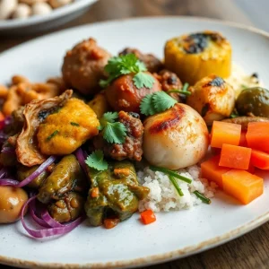 Vibrant modern Senegalese dish served in a restaurant setting.