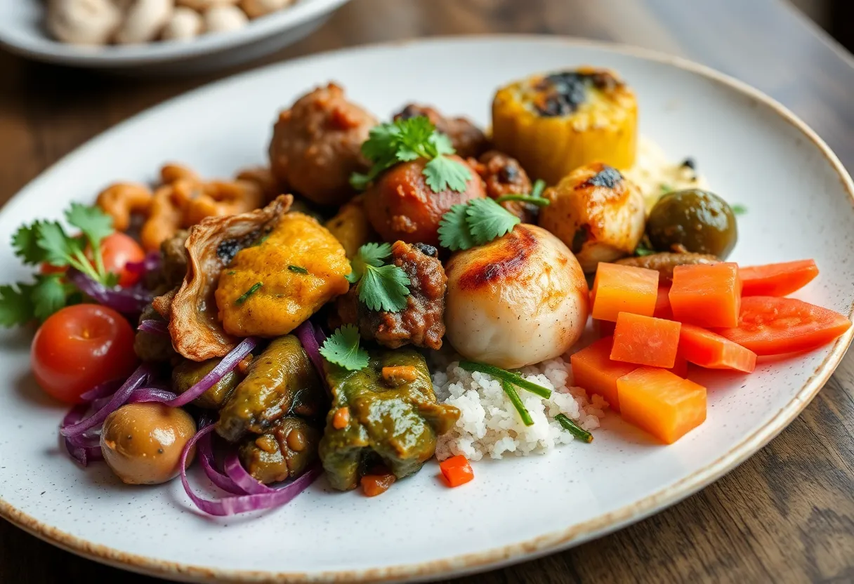 Vibrant modern Senegalese dish served in a restaurant setting.