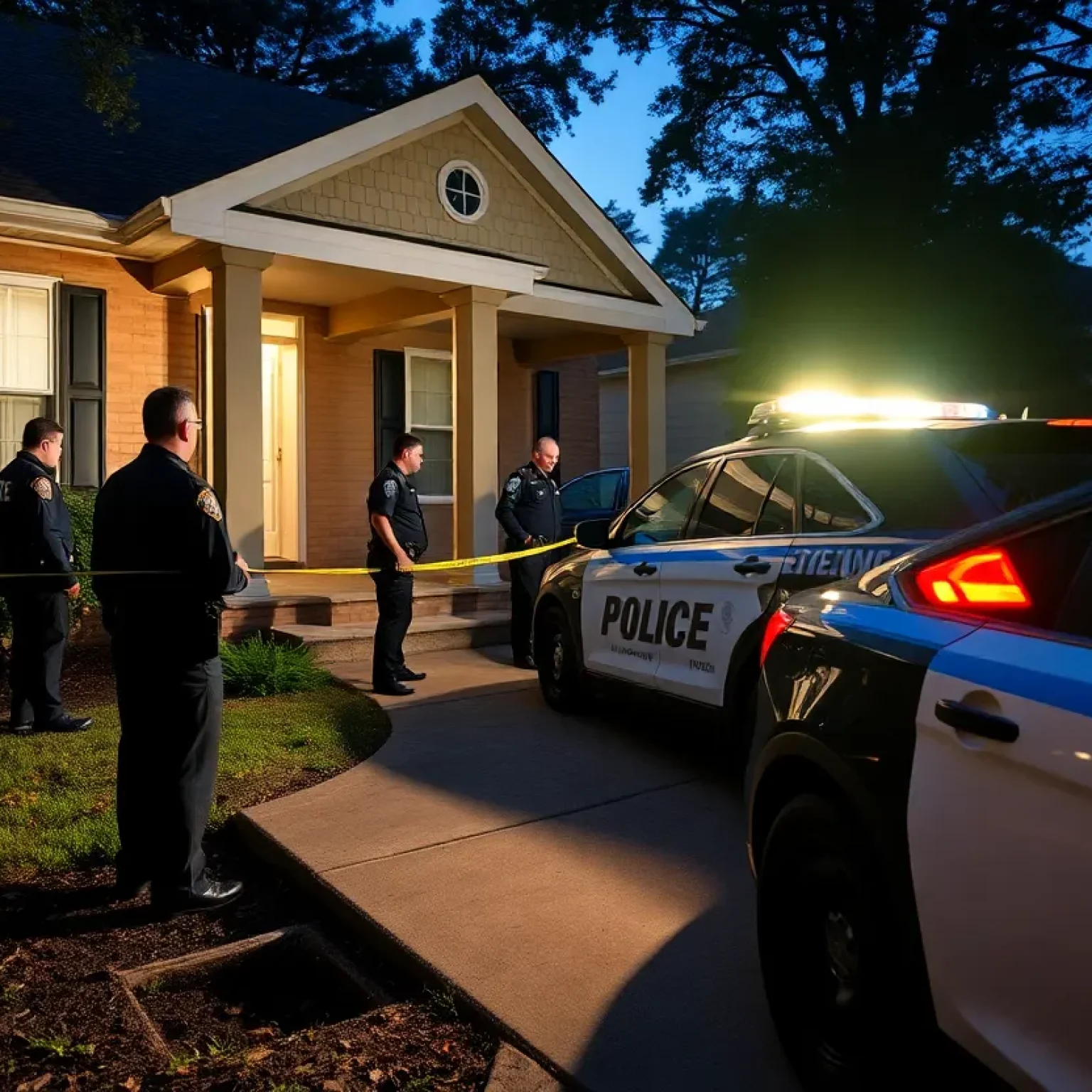 Police officers surrounding a residential home during the capture of a fugitive.