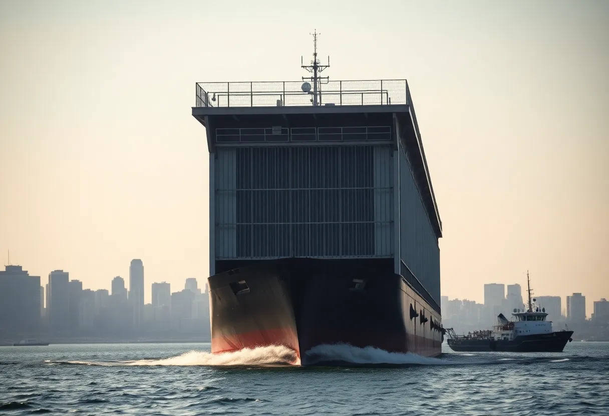 Floating jail being towed away in New York City