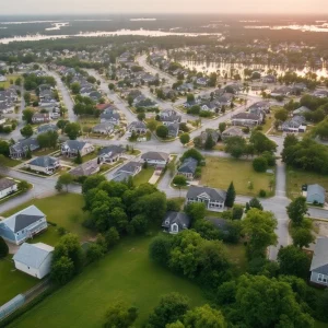 Aerial view of flooded residential areas in Louisiana