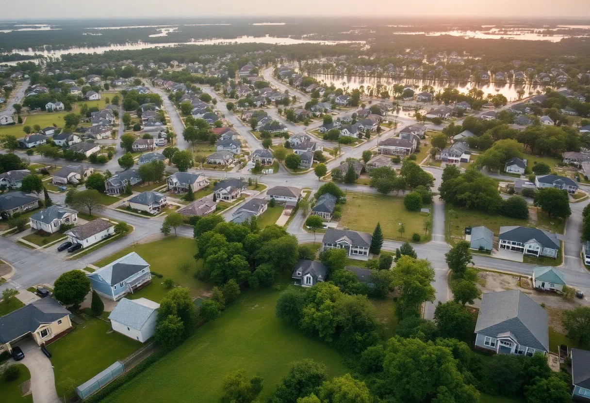 Aerial view of flooded residential areas in Louisiana