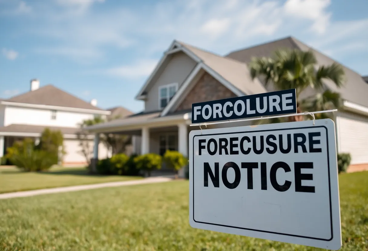 Foreclosure notice sign in front of a suburban house in Louisiana.