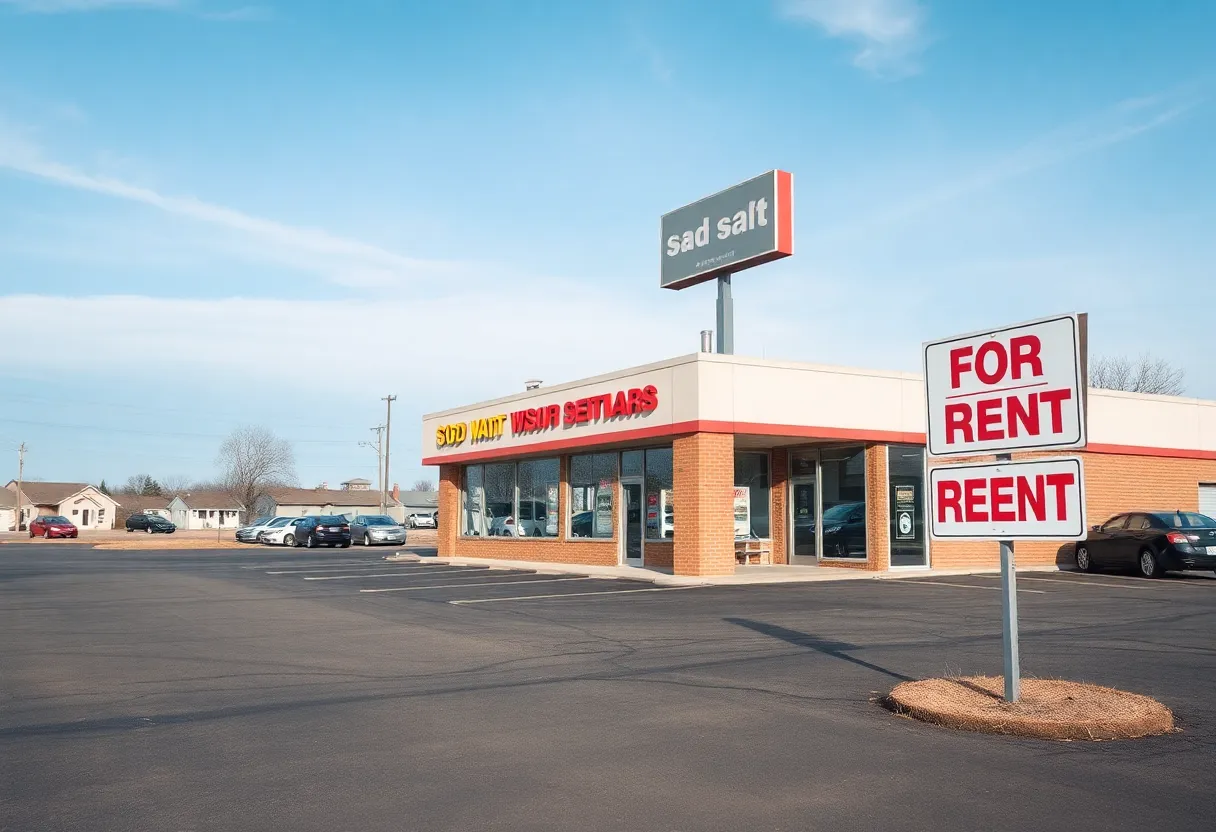 Empty used car dealership lot with a for rent sign