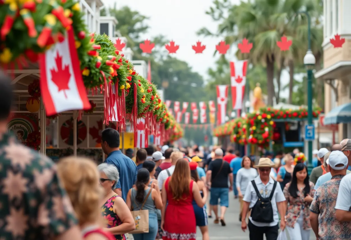 Colorful festival decorations representing Acadian culture in Louisiana