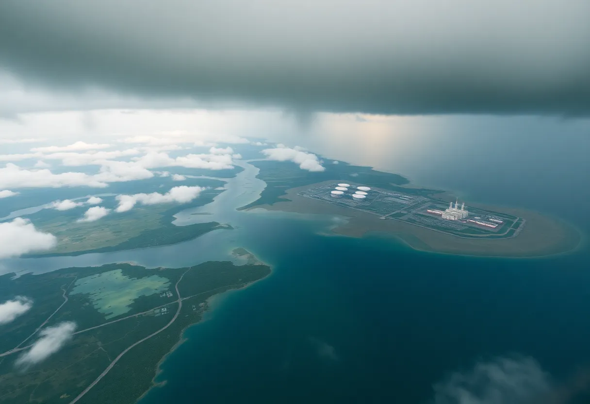 Aerial view of Gulf Coast showing LNG facilities and natural landscape