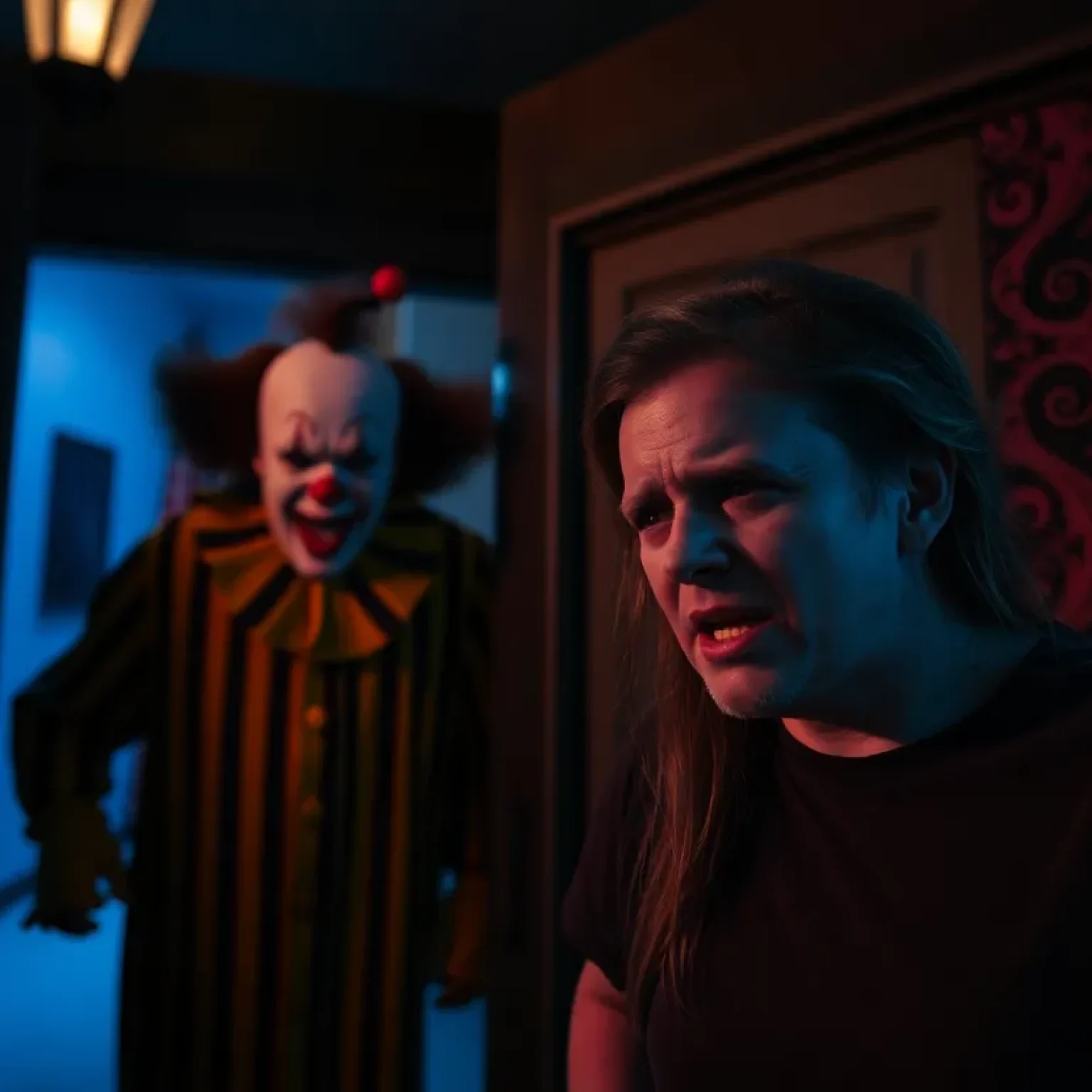 A haunted house with an actor in a clown costume