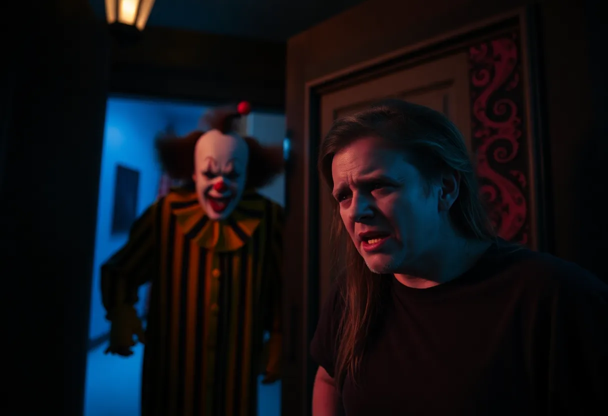 A haunted house with an actor in a clown costume