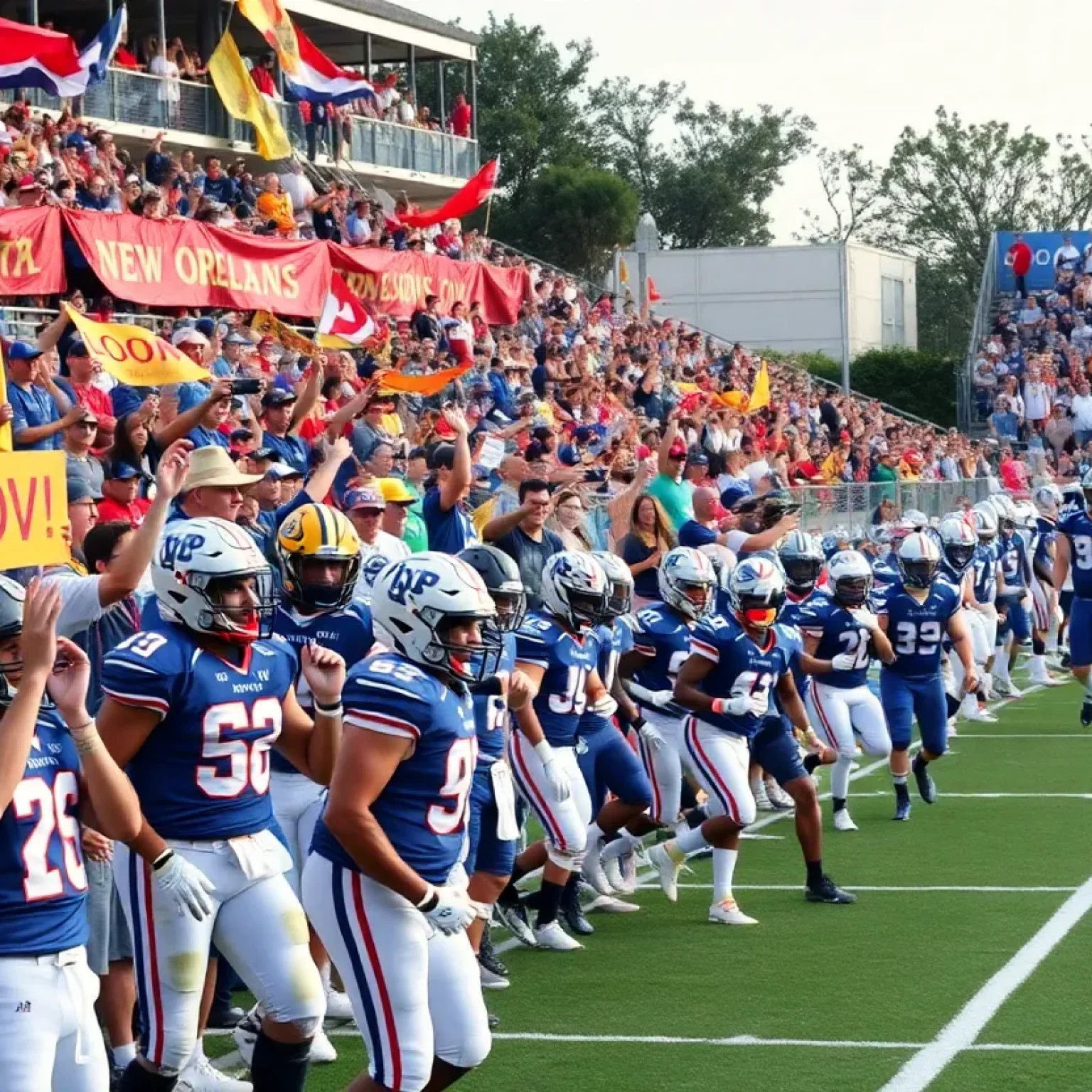 High school football game in New Orleans with players and fans