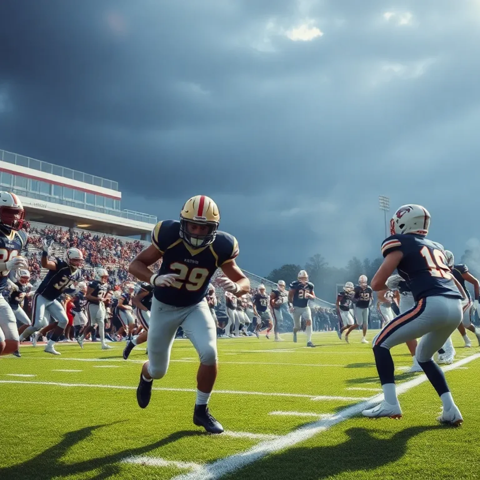 High school football players in action during a game