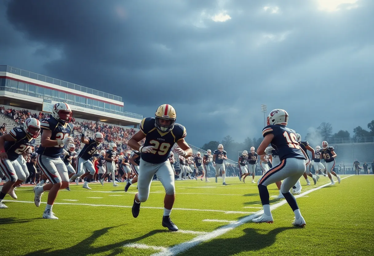 High school football players in action during a game