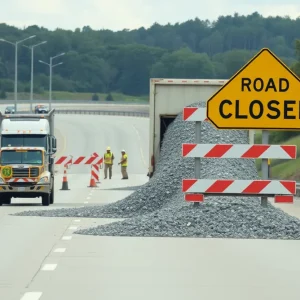 Highway I-310 with road closure signs and gravel spill incident.