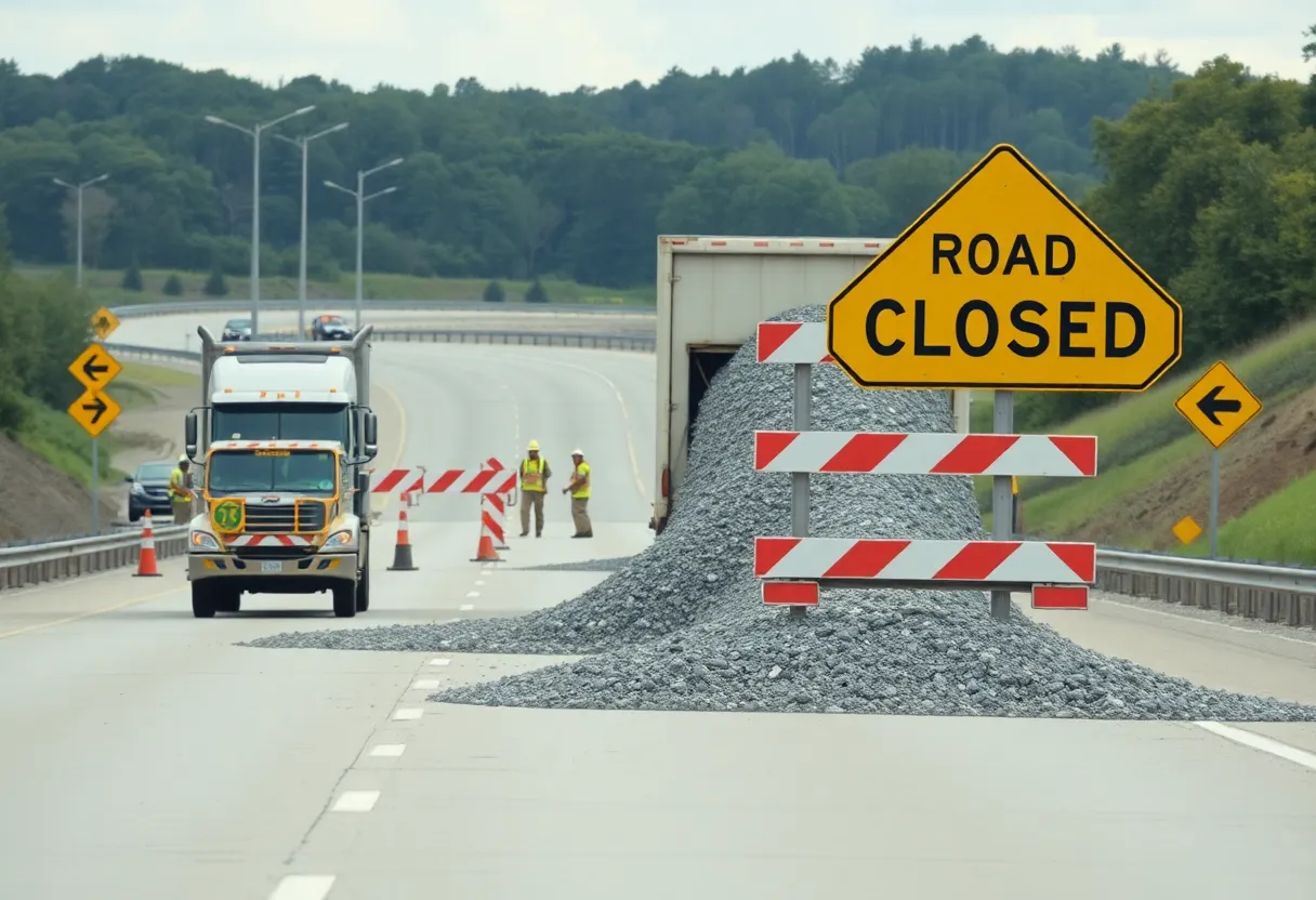 Highway I-310 with road closure signs and gravel spill incident.