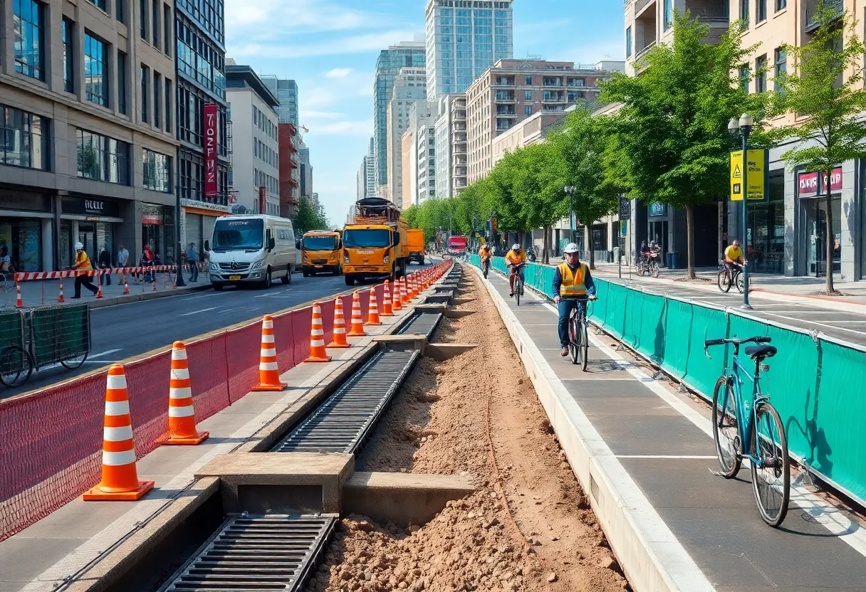View of Johnston Street undergoing revitalization with construction work and improvements for pedestrians and cyclists.