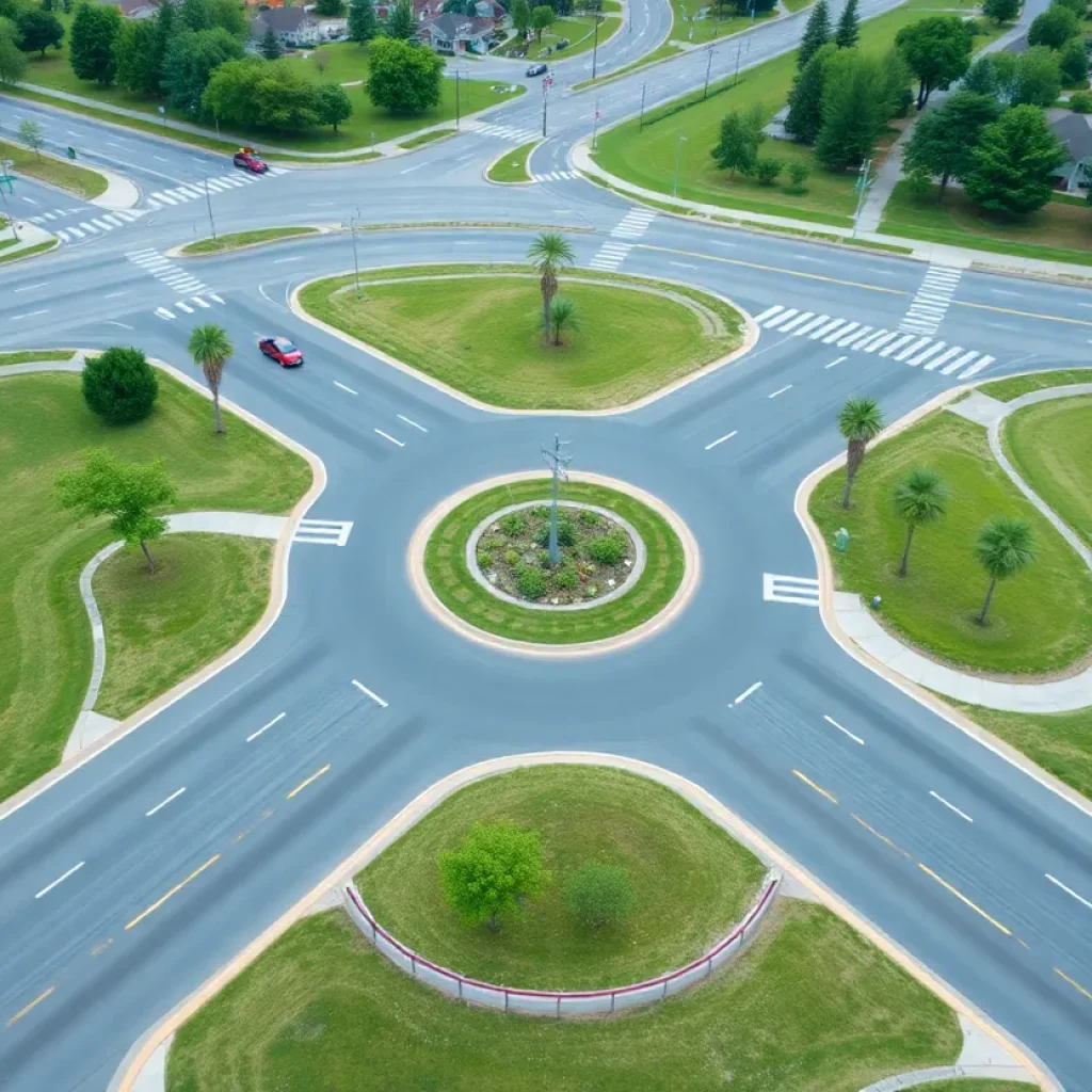 Newly completed roadway with a roundabout in Lafayette