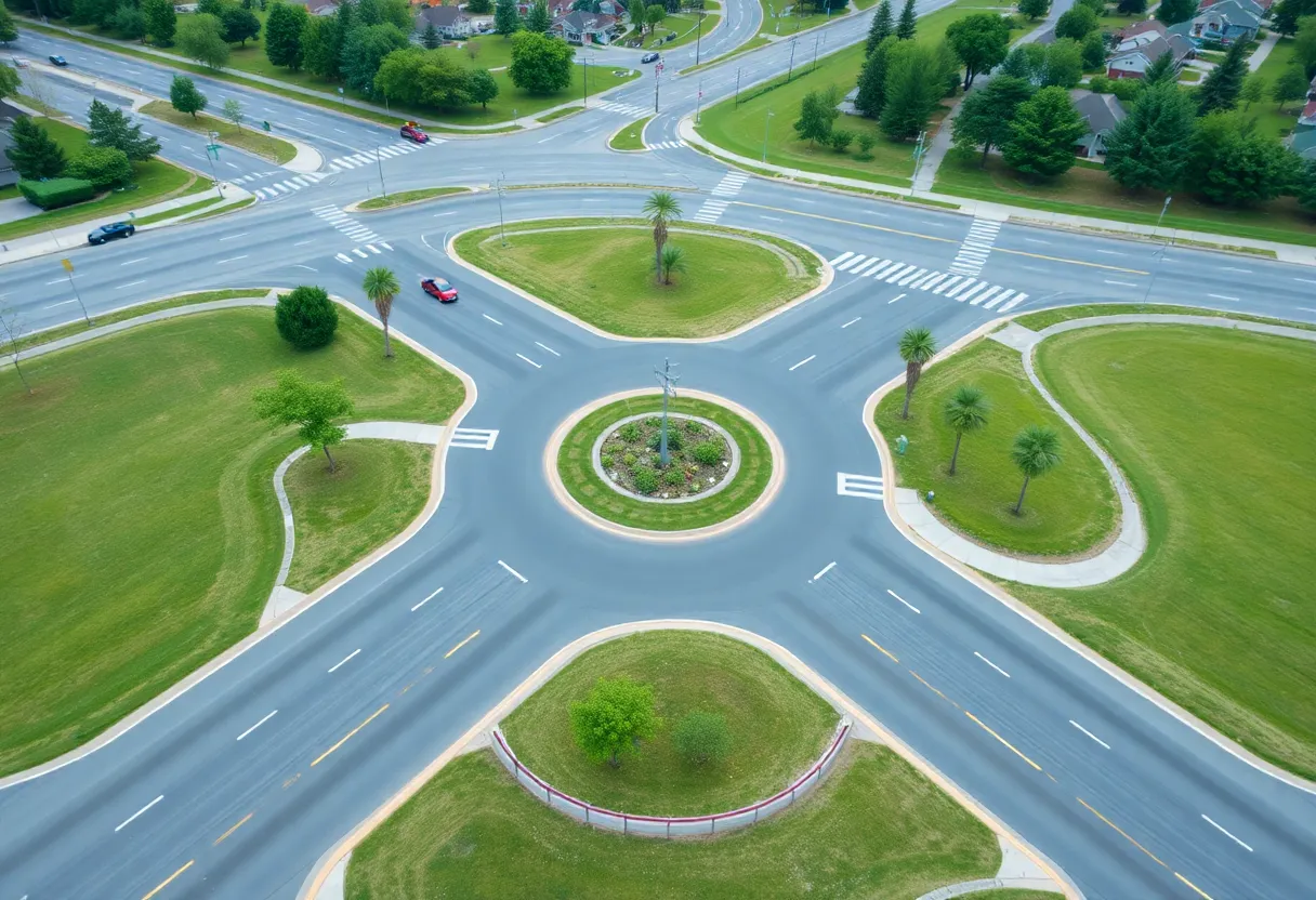 Newly completed roadway with a roundabout in Lafayette