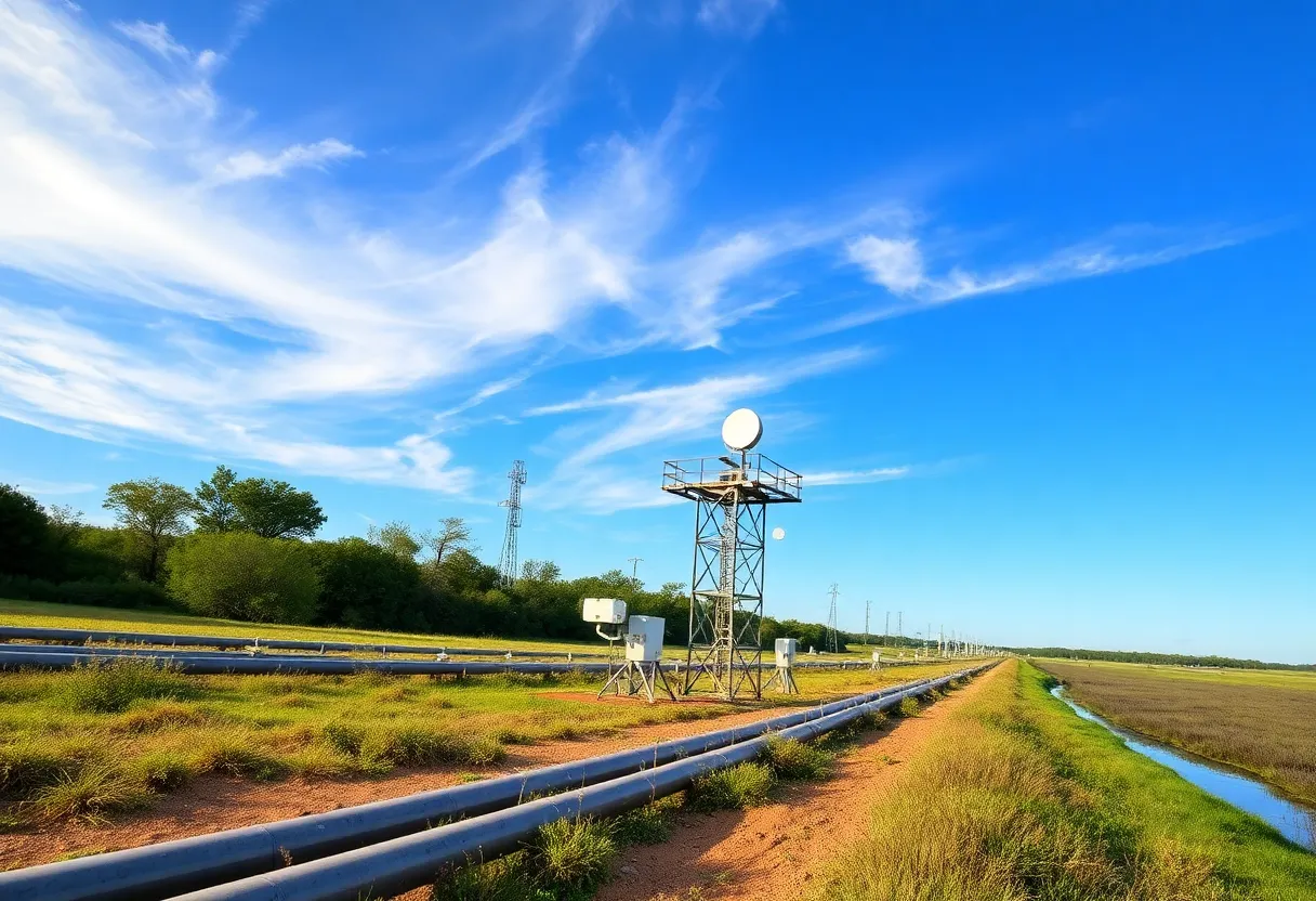 Industrial carbon capture technology integrated into Louisiana's natural landscape.