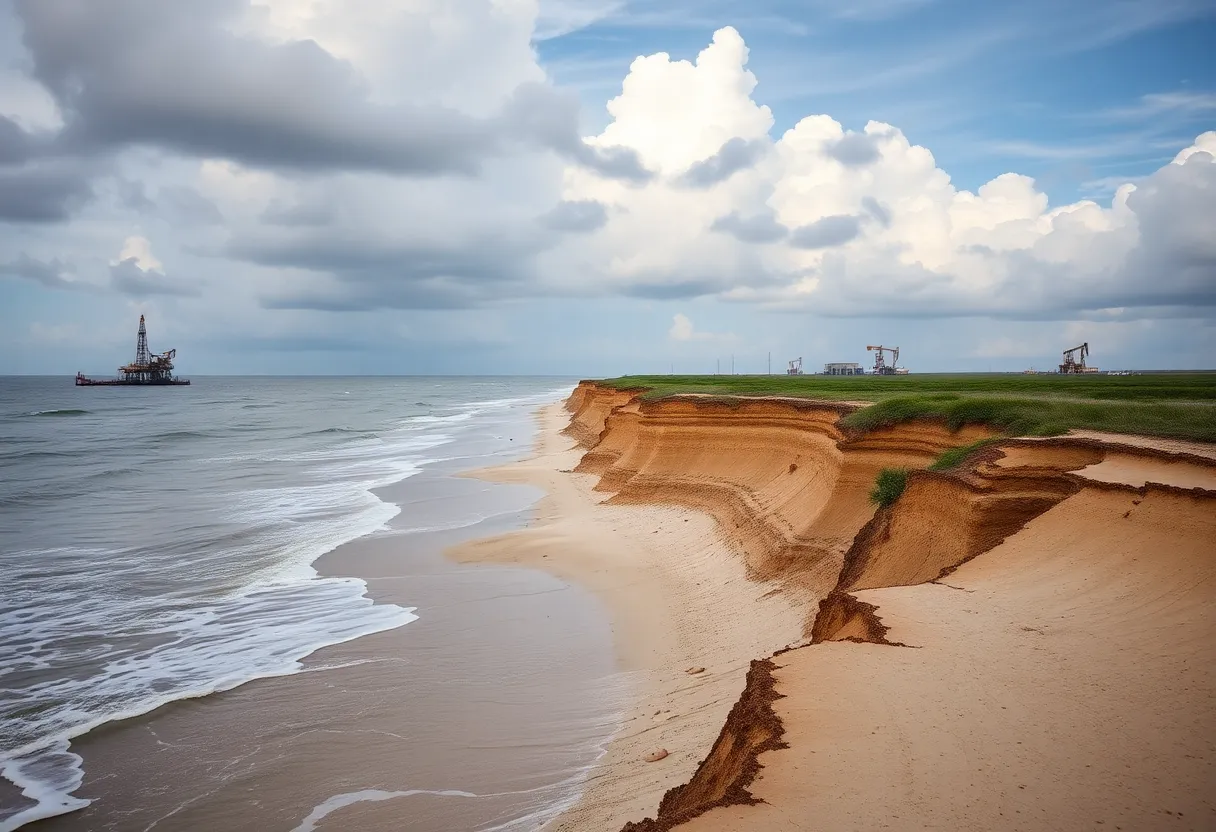Eroded coastline of Louisiana with oil rigs in background