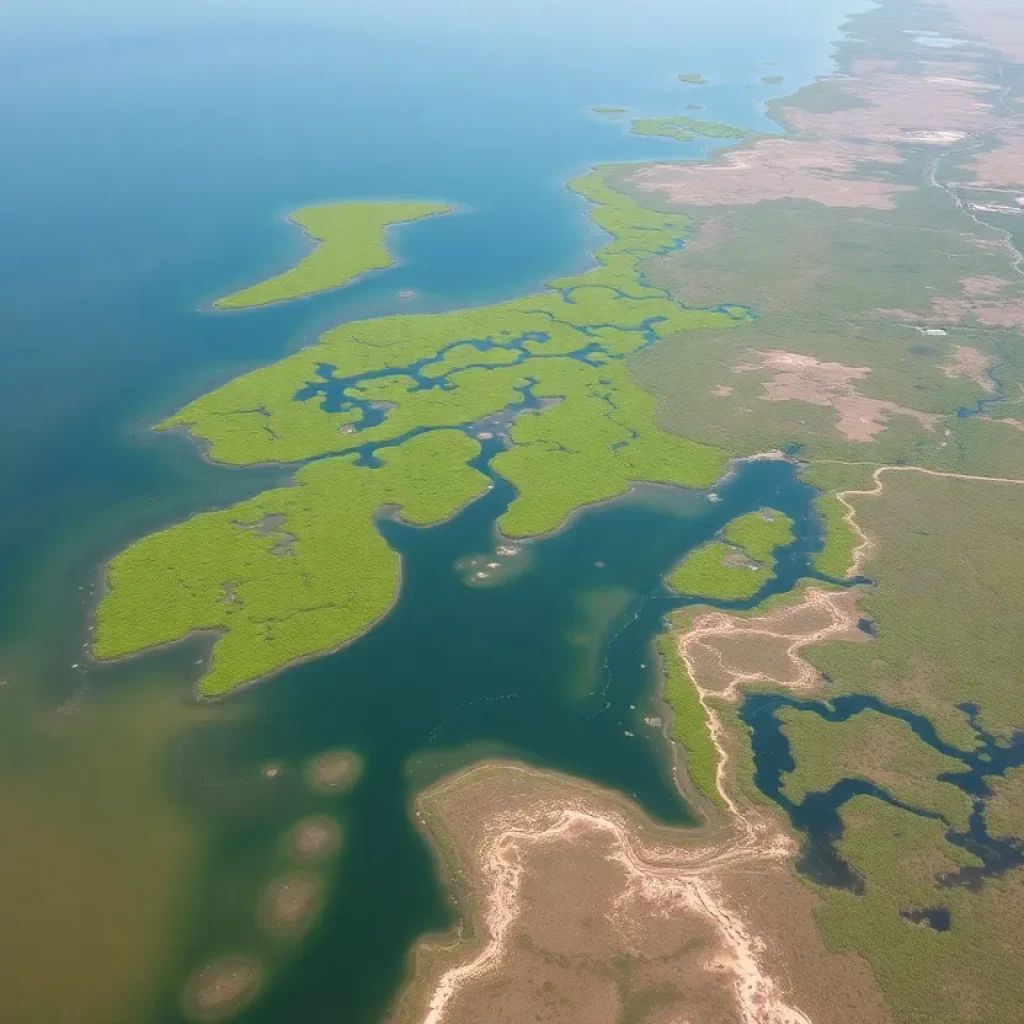 Aerial view of coastal marshes in Louisiana with evident erosion.