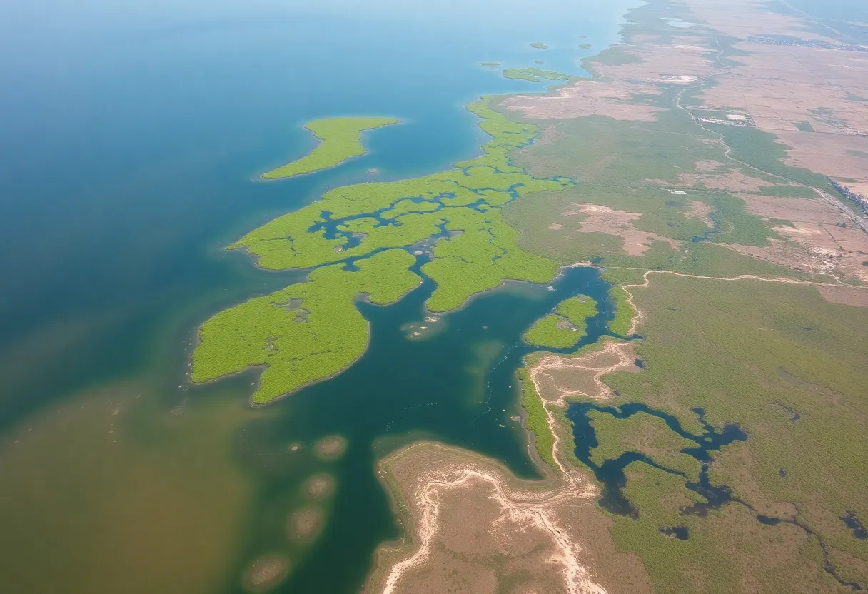 Aerial view of coastal marshes in Louisiana with evident erosion.