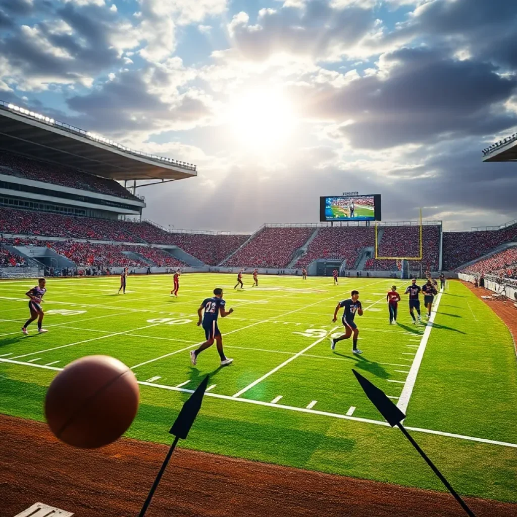 Athletes performing in a university stadium representing Louisiana colleges