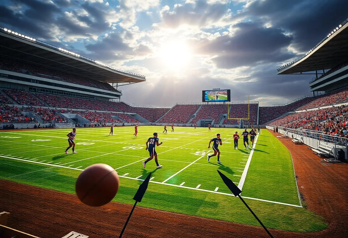 Athletes performing in a university stadium representing Louisiana colleges