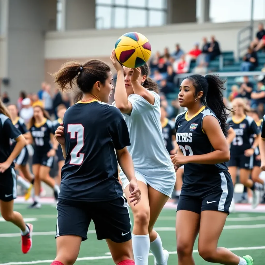 Group of student-athletes competing in a vibrant college sports event