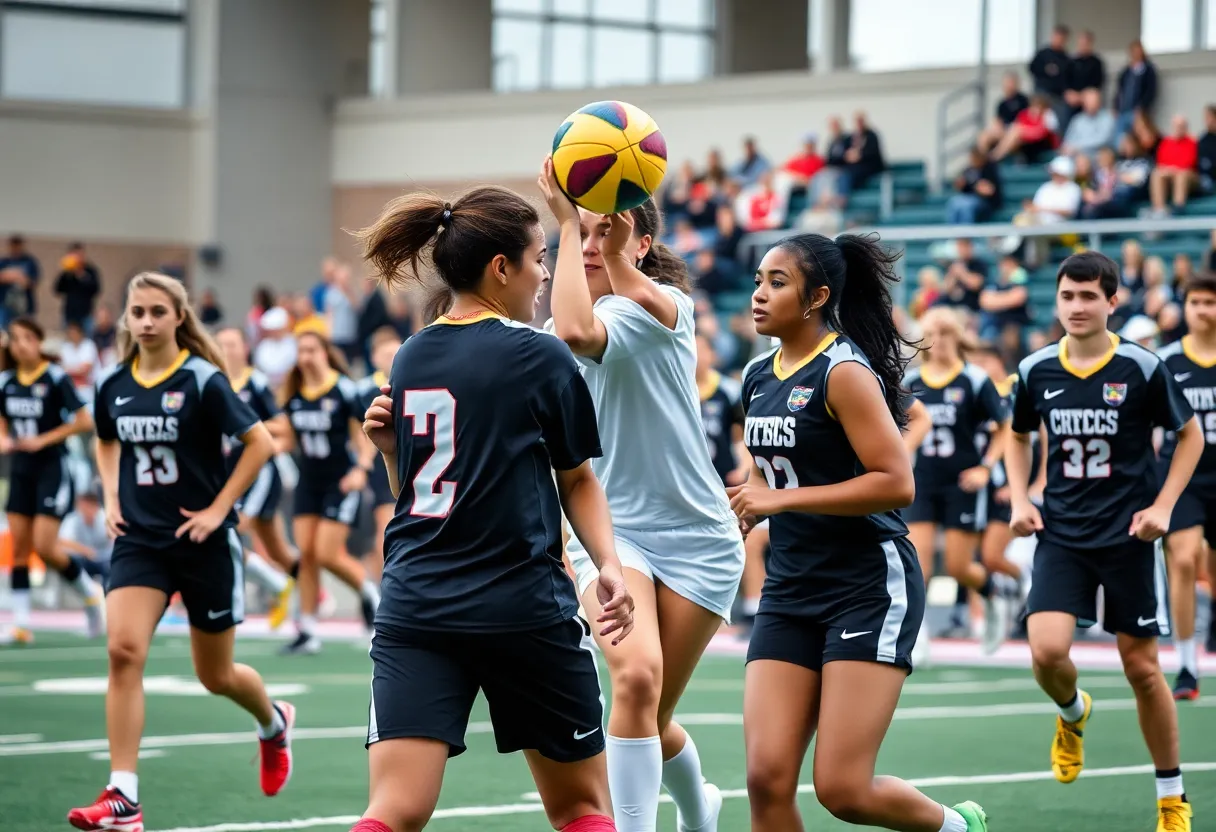 Group of student-athletes competing in a vibrant college sports event