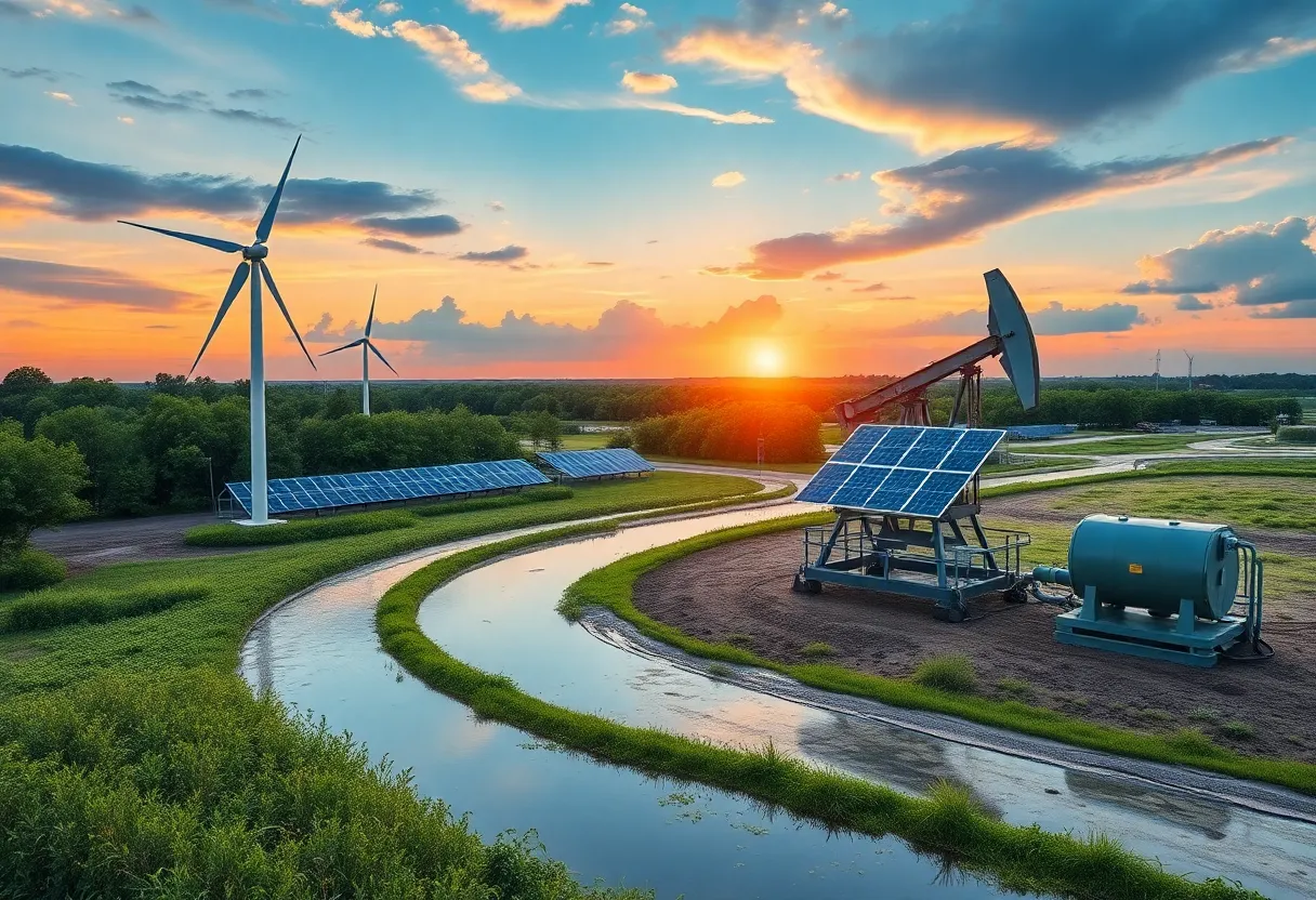 Conceptual image of Louisiana's energy transition with a mix of renewable and traditional energy sources.