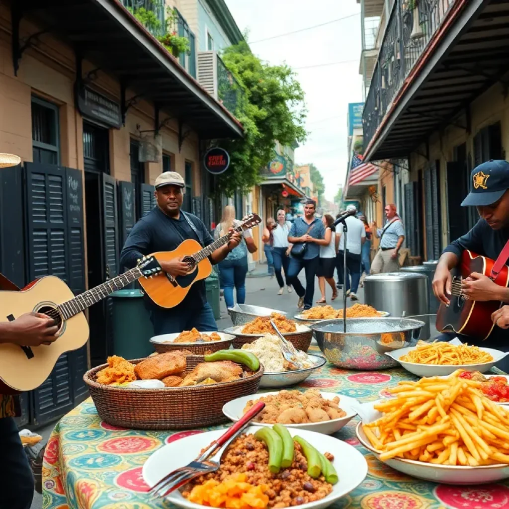 A lively New Orleans street with musicians and traditional Louisiana dishes.