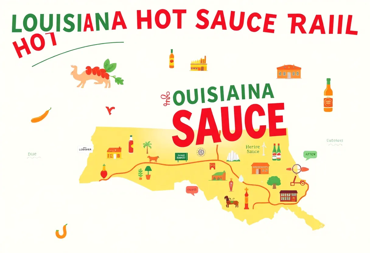 Map illustrating the Louisiana Hot Sauce Trail with key locations highlighted