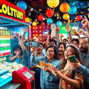 Players celebrating their lottery wins with colorful tickets