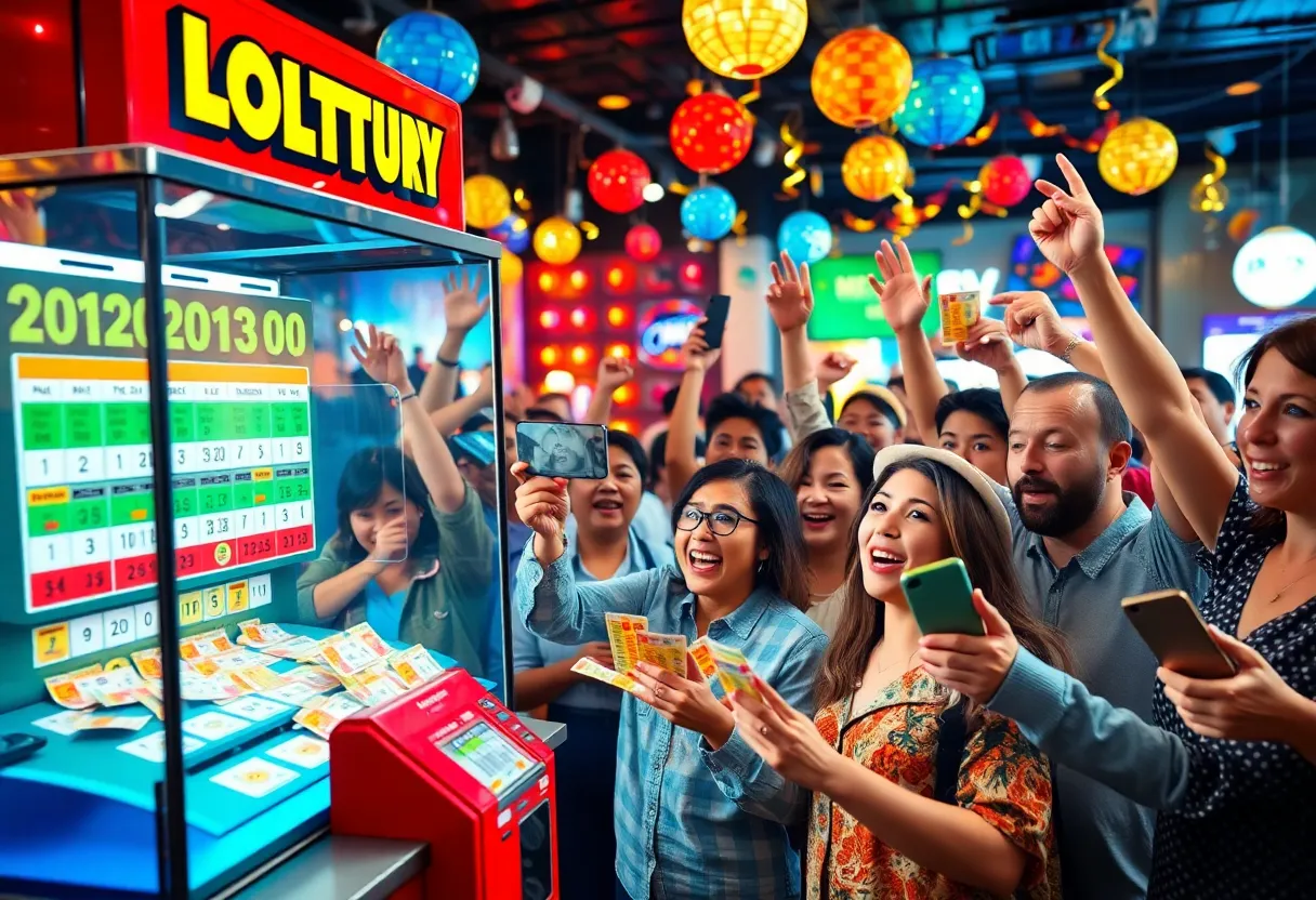 Players celebrating their lottery wins with colorful tickets