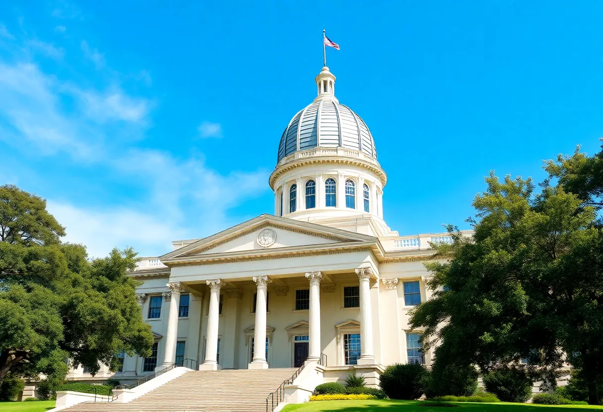 View of the Louisiana State Capitol building surrounded by greenery