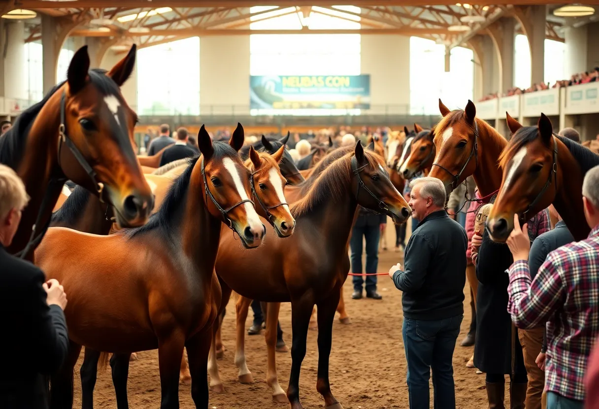Scene from the Louisiana Thoroughbred Breeders sales event with horses and buyers