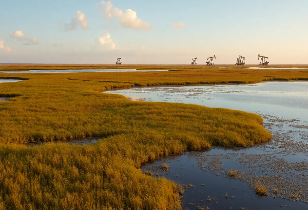 Wetlands in Louisiana with energy structures in the background.
