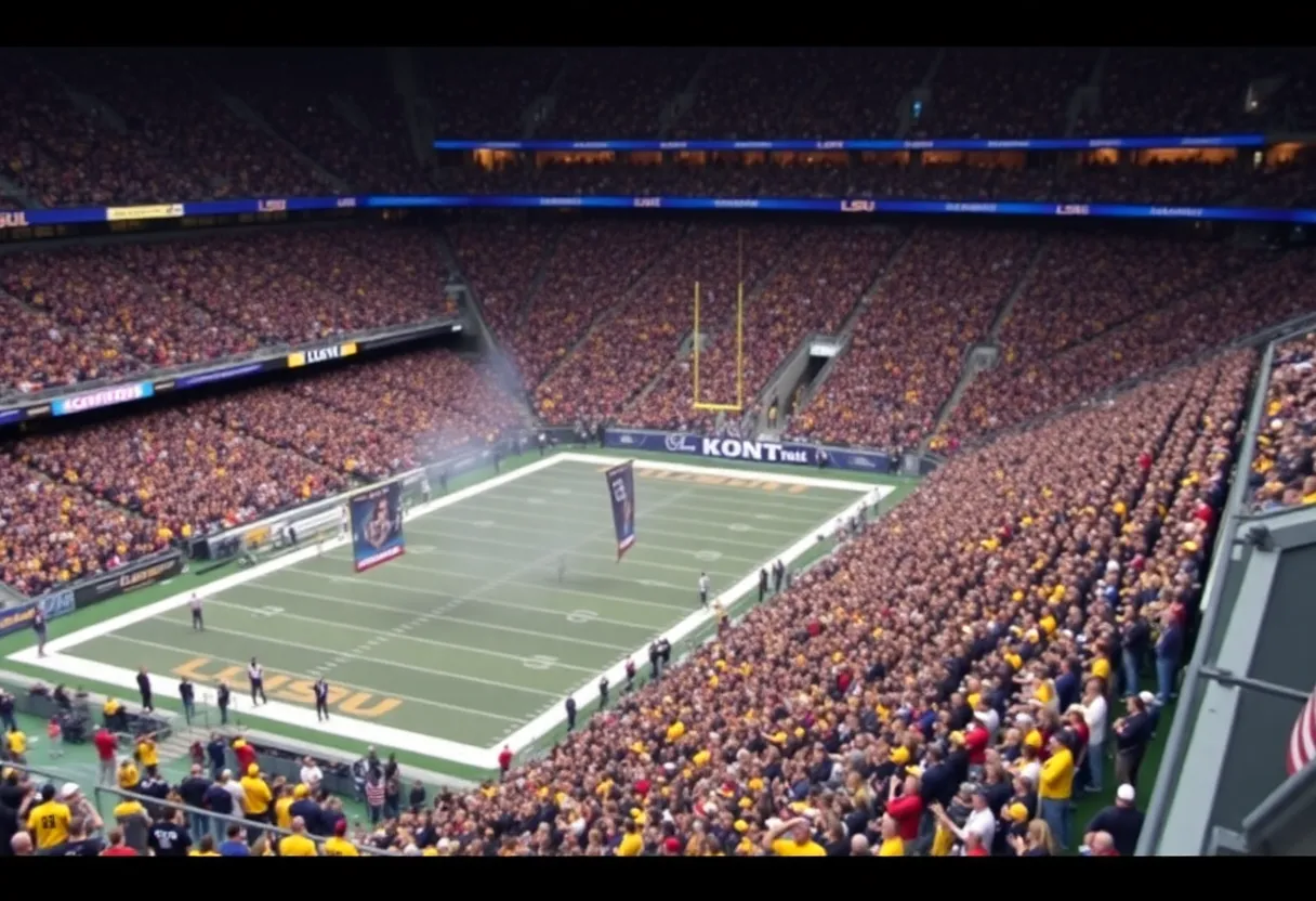 Fans cheering in an LSU football stadium
