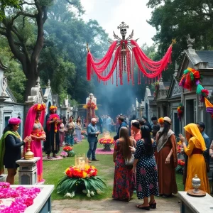 Crowd celebrating Marie Laveau's birthday in a cemetery